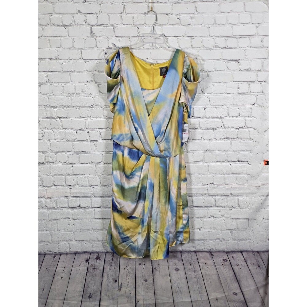 Vince‎ Camuto Women's Sz 10 Blouson Watercolor Blue Yellow White Dress